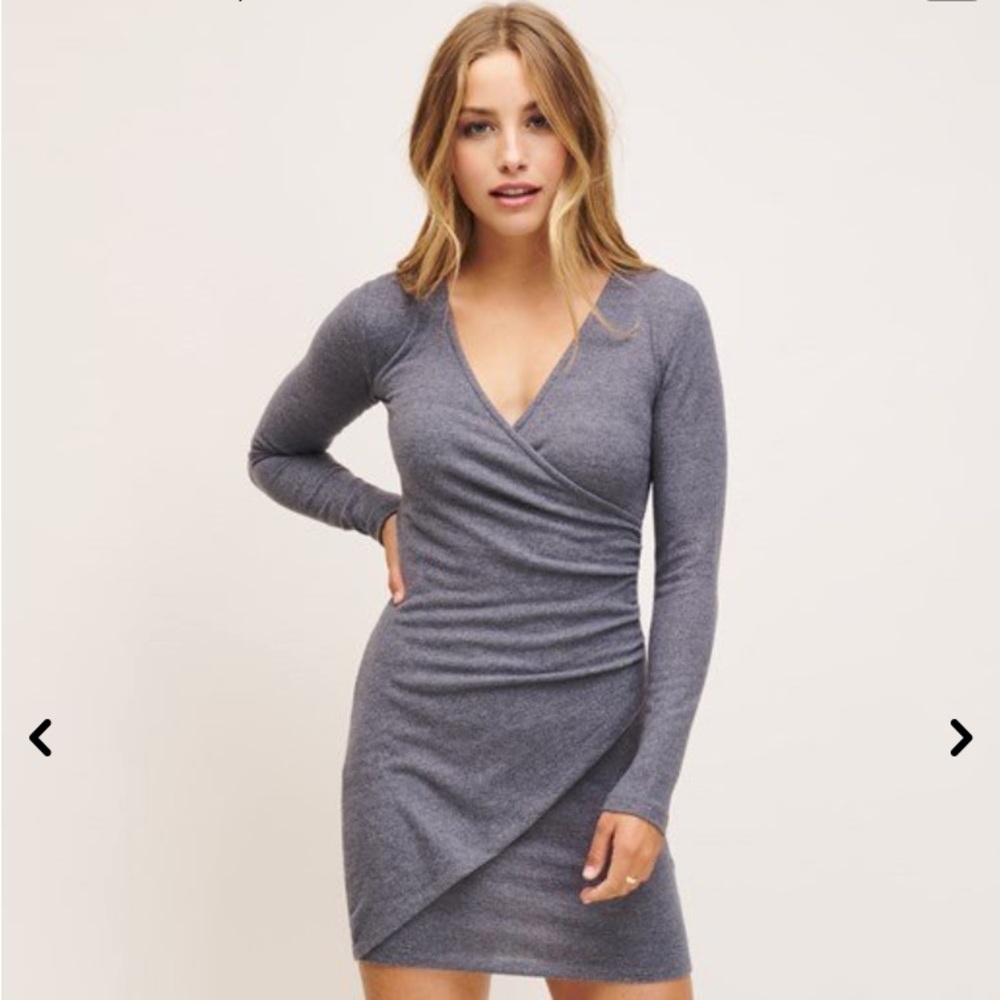 Dynamite Charcoal Dark Grey V-Neck Long Sleeve Asymmetrical Mini Dress